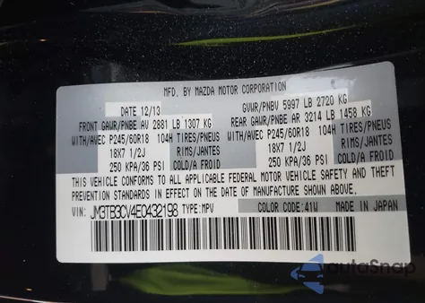 2014 Mazda Cx-9 Touring из США, поврежденный, VIN JM3TB3CV4E0432198